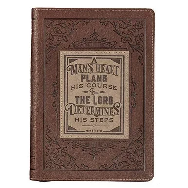 Classic Faux Leather Journal A Man's Heart Proverbs 16:9 Bible Verse Brown Inspirational Notebook, Lined Pages w/Scripture, Ribbon Marker, Zipper Closure