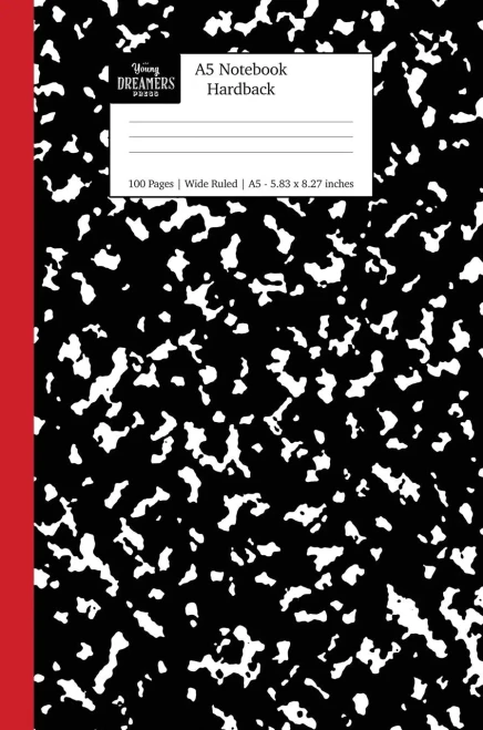 A5 Notebook Hardback: Black And Red Spine Marble Wide Rule Journal (A5 Lined Hardback Books)
