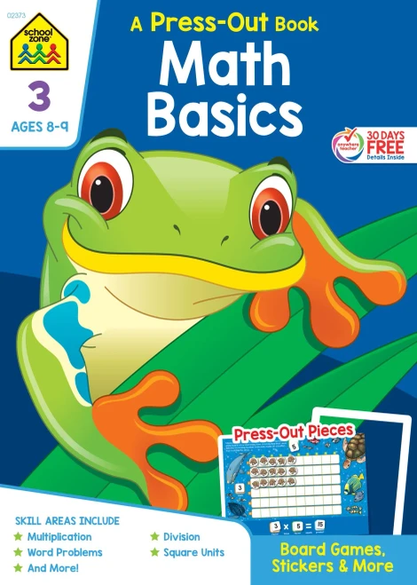 School Zone - Math Basics Press-Out Workbook - 64 Pages, Ages 8 To 9, 3Rd Grade, Manipulatives, Board Games, Multiplication, Word Problems, Division, Equations, Square Units, Stickers, And More