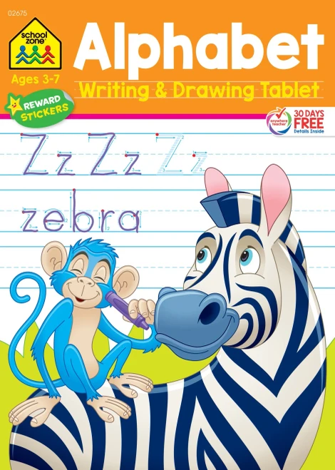 School Zone - Alphabet Writing & Drawing Tablet Workbook - 96 Pages, Ages 3 To 7, Preschool, Kindergarten, 1St Grade, Ruled Lined Paper, Letters, Tracing, Stickers, And More (Easy-Tear Top Bound Pad)