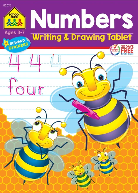 School Zone - Numbers Writing & Drawing Tablet Workbook - 96 Pages, Ages 3 To 7, Preschool, Kindergarten, 1St Grade, Ruled Lined Paper, Tracing, Counting, Stickers, And More (Easy-Tear Top Bound Pad)