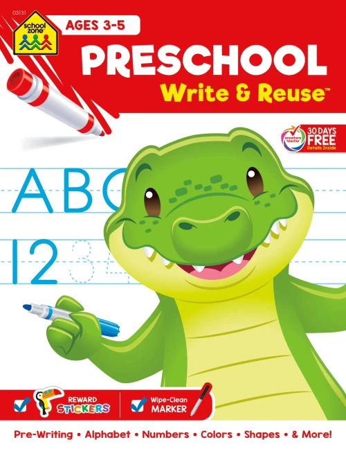 School Zone - Preschool Write & Reuse Workbook - Ages 3 To 5, Spiral Bound, Write-On Learning, Wipe Clean, Includes Dry Erase Marker, Letter Tracing, And More (School Zone Write & Reuse Workbook)