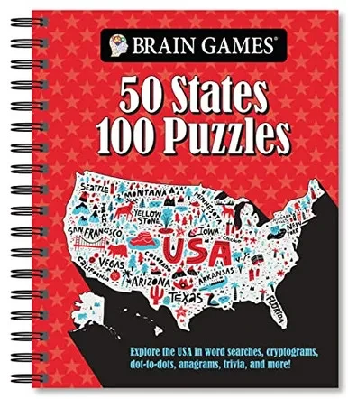 Brain Games - 50 States 100 Puzzles: Explore The Usa In Word Searches, Cryptograms, Dot-To-Dots, Anagrams, Trivia, And More!