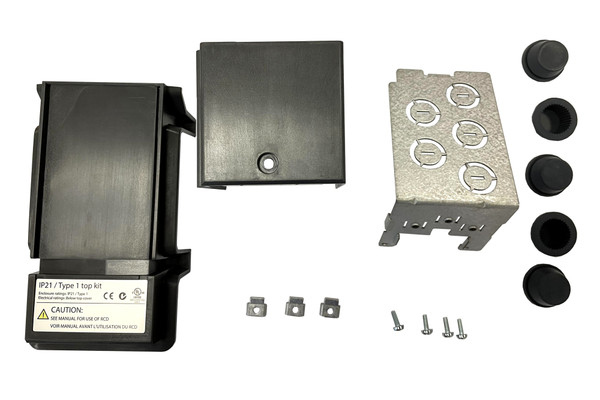 IP21/Type 1 conversion kit contains top cover, bottom cover, metal plate, rubber grommets, U-terminals and screws.  For each frame size, there is one relative IP21/Type 1 conversion kit