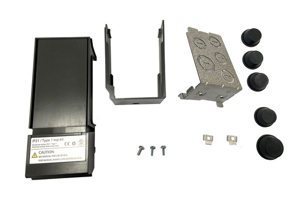 IP21/Type 1 conversion kit contains top cover, bottom cover, metal plate, rubber grommets, U-terminals and screws.  For each frame size, there is one relative IP21/Type 1 conversion kit