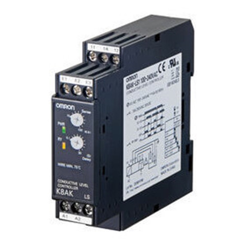 K8AKLS1/100240VAC OMRON monitoring relay 22.5 mm wide, Conductive level control for liquid, 10k to 100k Ohm, One SPDT, 100-240 VAC