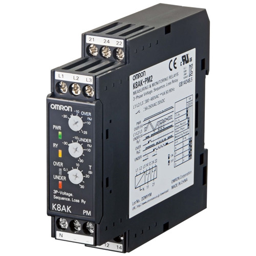 K8AKPM2 OMRON monitoring relay 22.5mm wide, sim. monitoring of over-/under-voltage, phase sequ. & loss in 3phase 3wire & 4 wire sys. operating 220 to 480V AC, 2 SPDT