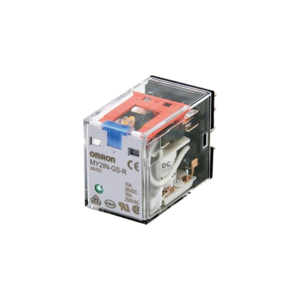 MY4INGSRAC220240 OMRON Relay, plug-in, 14-pin, 4PDT, 6 A, mechanical and LED indicators, lockable push test button, 220/240 VAC