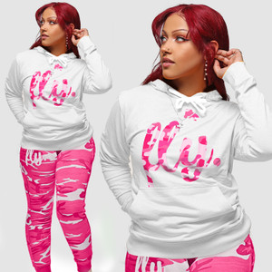 Fly. Lounge Hoodie: White with Pink Camo Logo