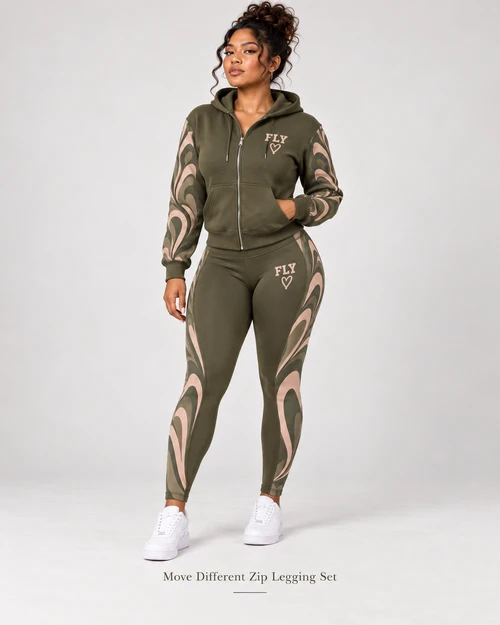 Move Different Zip Legging Set – Olive / Sand / Moss