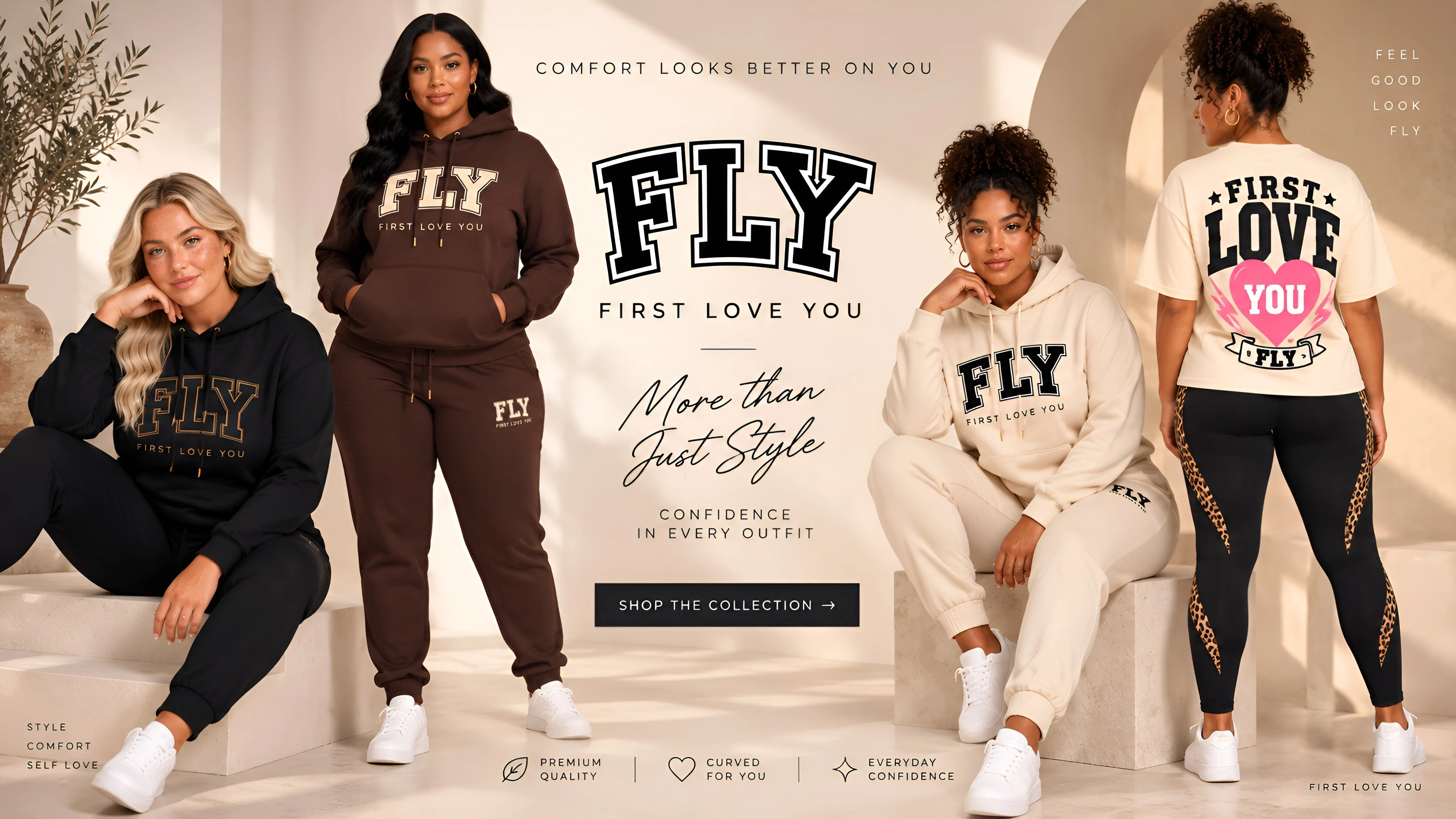 Comfort looks better on you — FLY signature hoodie sets in black, chocolate and cream. Shop the collection.