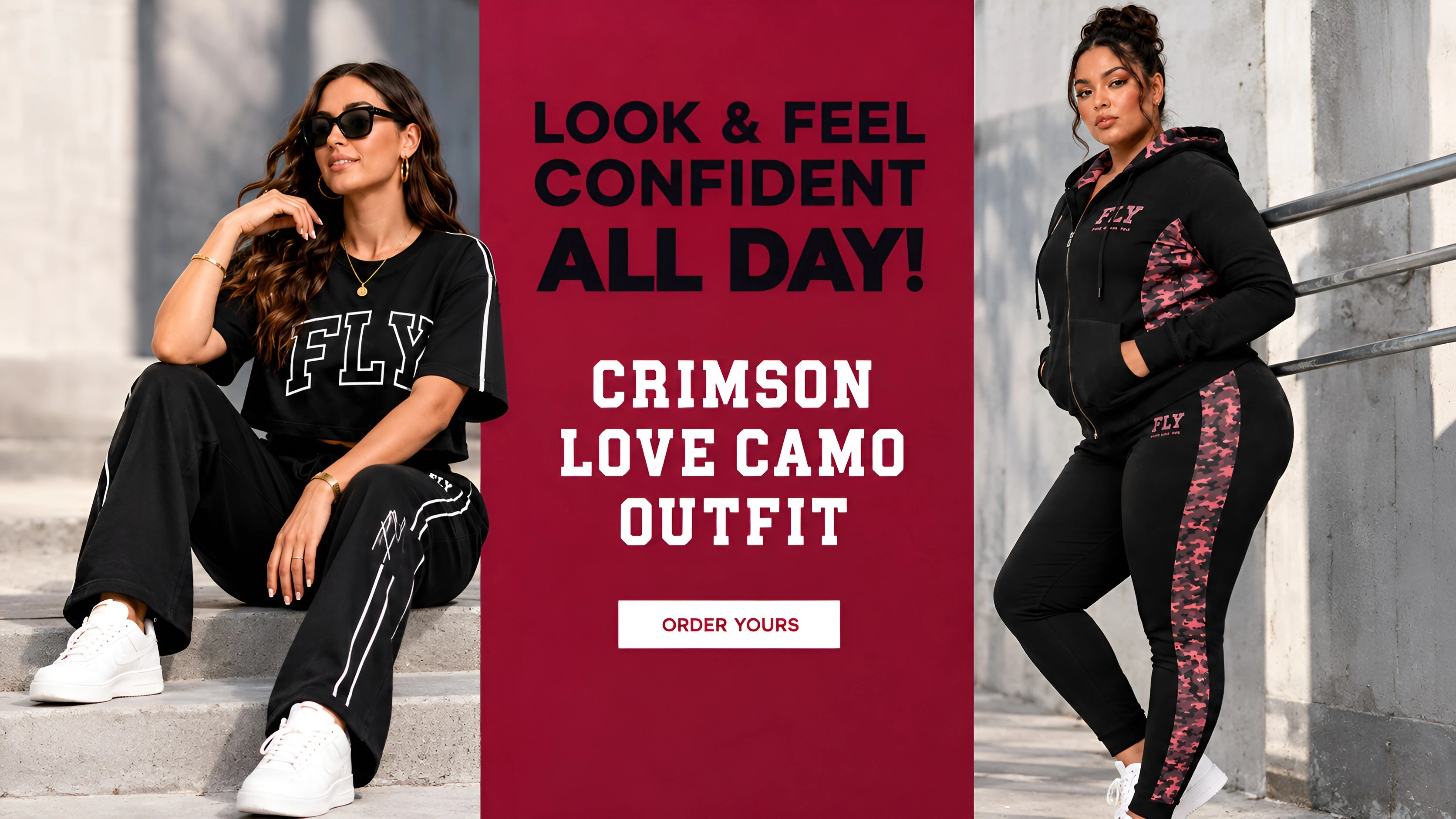 Look and feel confident all day — Crimson Love Camo outfit. Order yours.