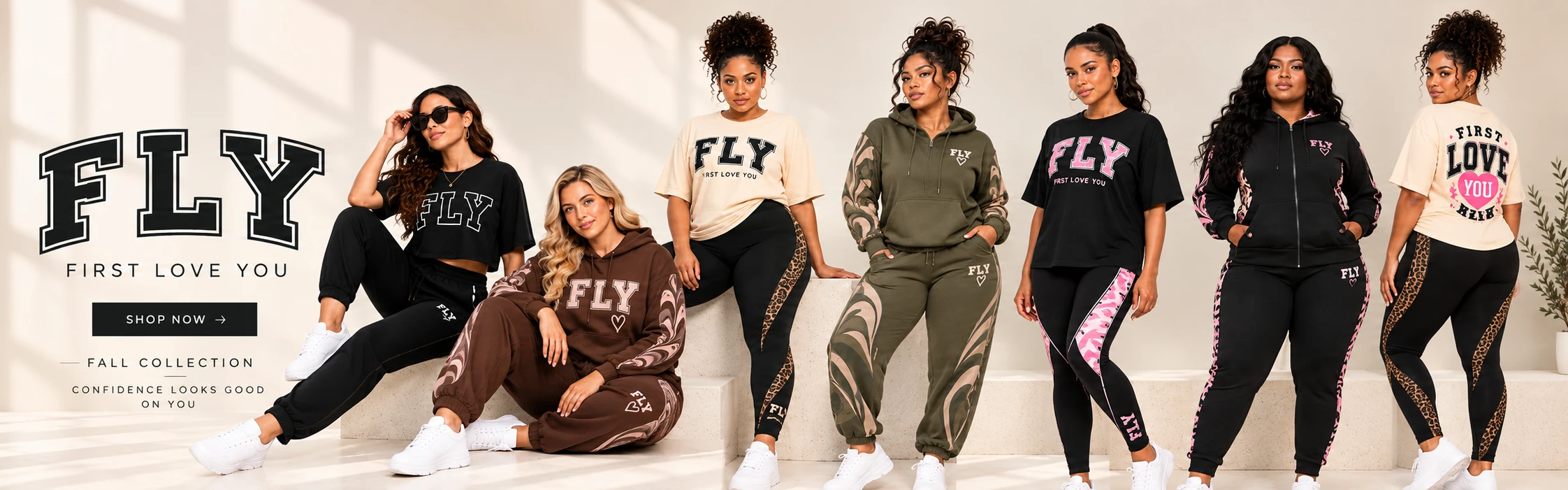 FLY First Love You — women wearing black, pink, cream and chocolate FLY matching sets. Shop now.