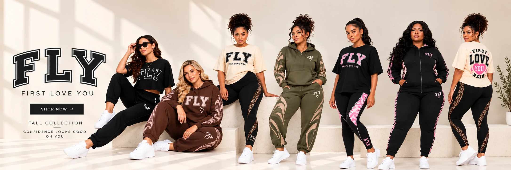 FLY First Love You — women wearing black, pink, cream and chocolate FLY matching sets. Shop now.