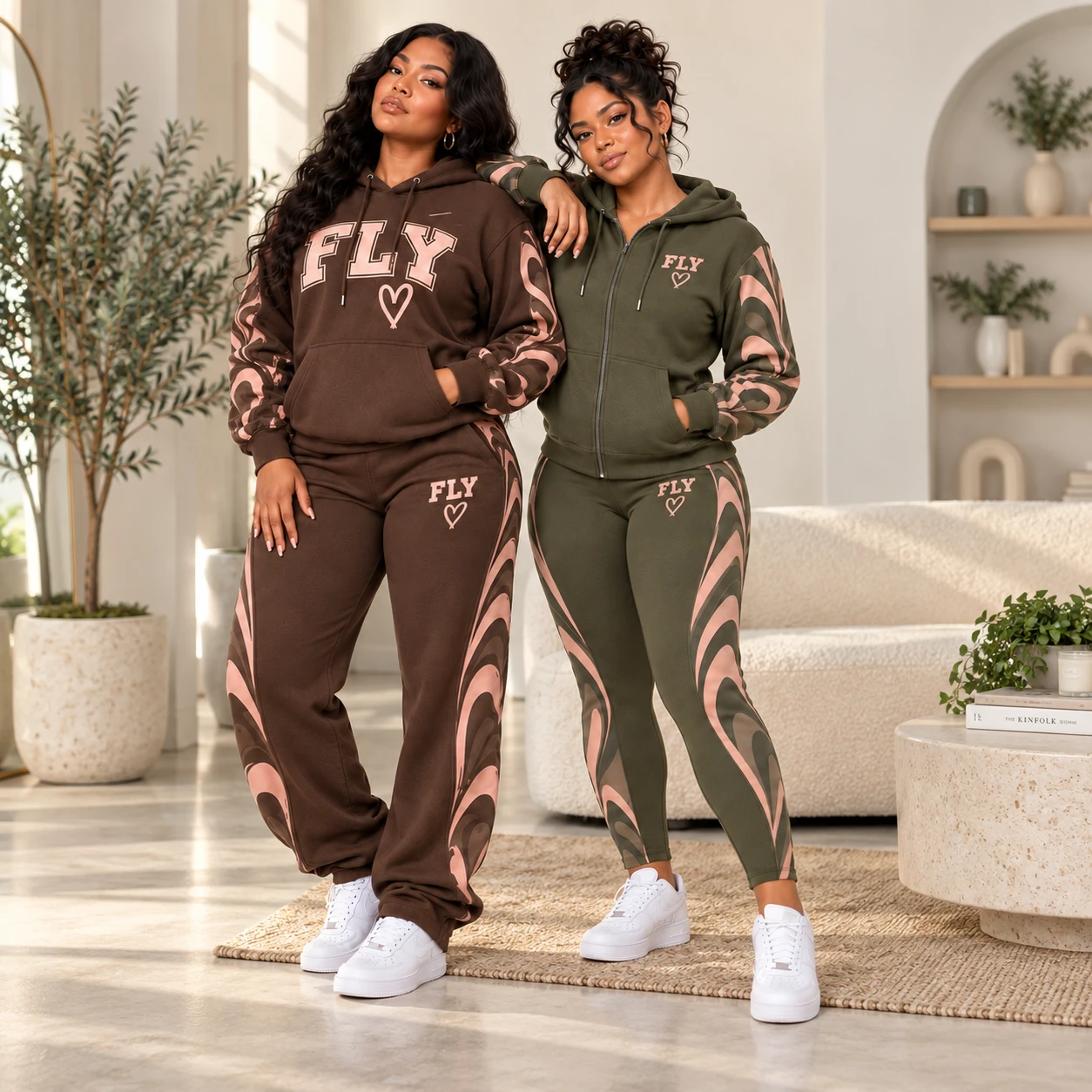 City Piped Lounge Set — black cropped FLY tee with white piped wide leg lounge pants.