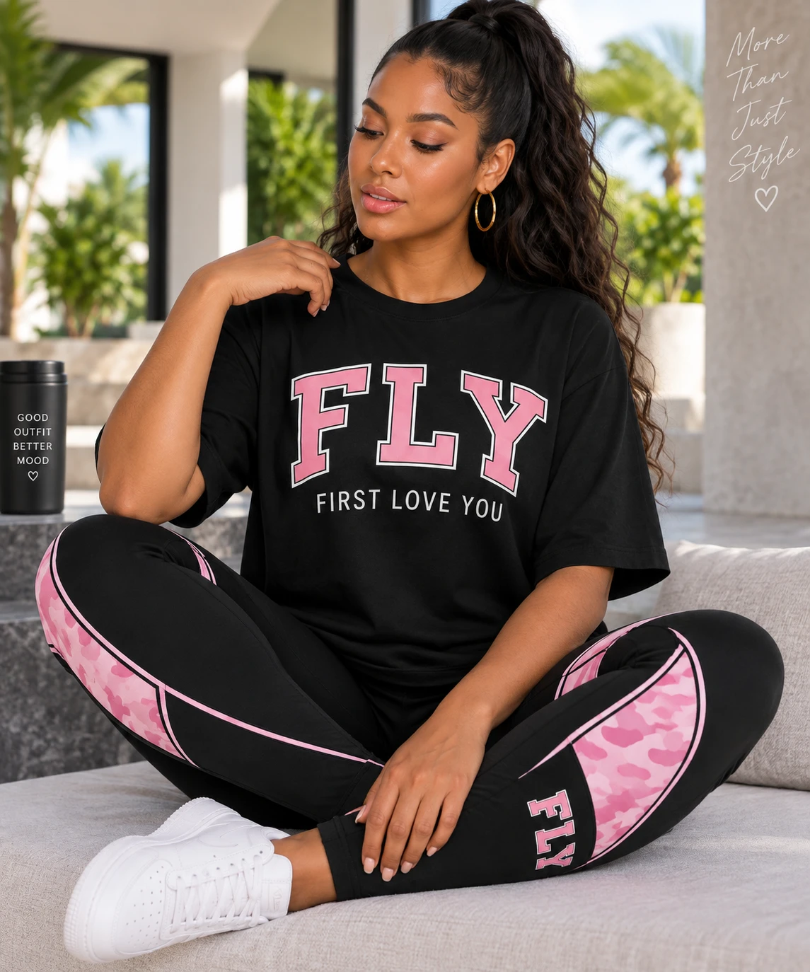 Signature Camo Crew Set — black oversized FLY tee with pink camo panel leggings.