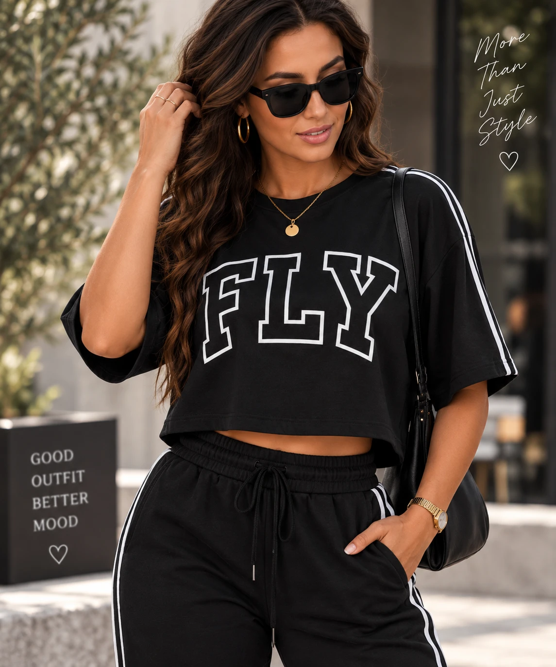 City Piped Lounge Set — black cropped FLY tee with white piped wide leg lounge pants.
