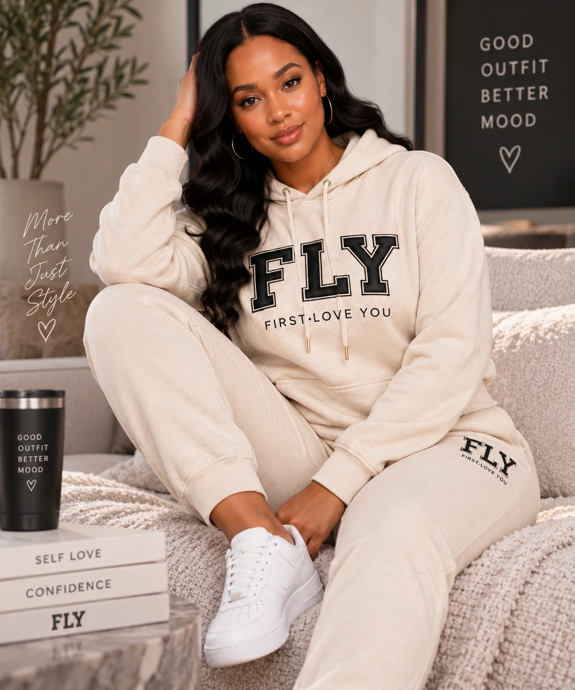 Signature Hoodie Set in cream — premium fleece hoodie and matching joggers with gold tipped drawcords.