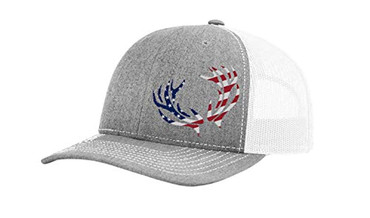 Men's Embroidered American Flag Deer Antlers Mesh Back Trucker Hat, Heather Grey/White