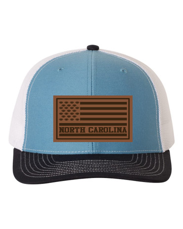 North Carolina Football Team Colors American Flag Leather Patch Trucker, Carolina Blue, Navy,/White