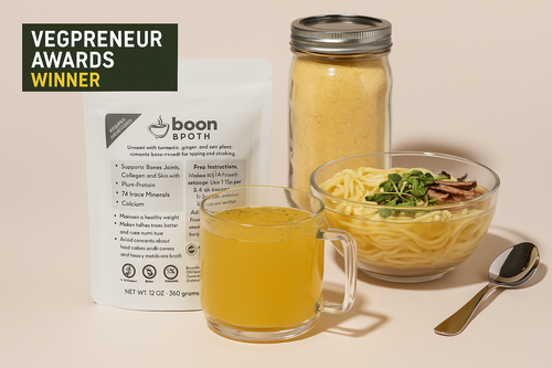 Boon Broth 30 serve with mason jar, mug and bowl. Vegepreneur winner
