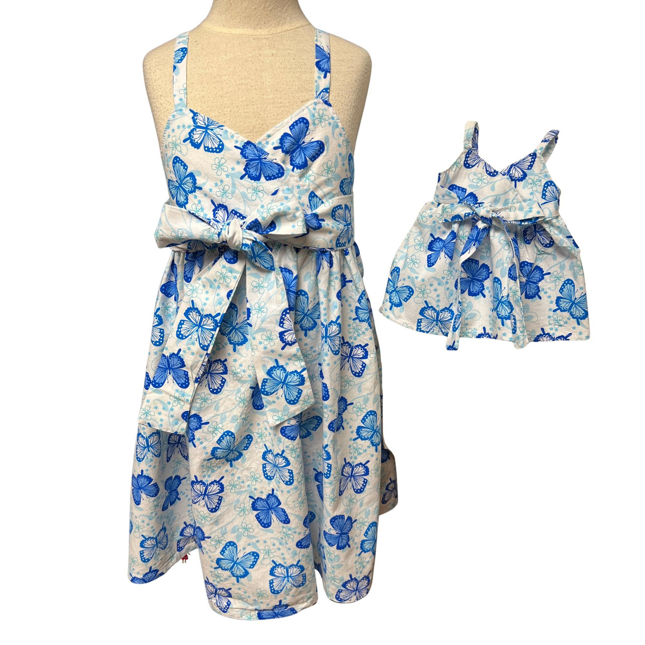 cotton dress size 18 Size 5 Girl & 18 Inch Doll Matching Sundress – Blue Butterfly Cotton Dress  Set, Handmade Doll and Me Outfit