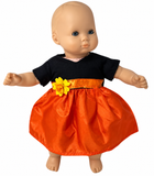 Front view Happy Halloween dress for 15-inch baby dolls featuring a black short-sleeve bodice, shiny orange satin gathered skirt, coordinating orange waistband, and bright yellow flower accent. Halloween-themed Pinterest pin with pumpkins, bats, and autumn leaves. Shop Doll Clothes Superstore!