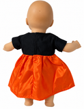 Back view Happy Halloween dress for 15-inch baby dolls featuring a black short-sleeve bodice, shiny orange satin gathered skirt, coordinating orange waistband, and bright yellow flower accent. Halloween-themed Pinterest pin with pumpkins, bats, and autumn leaves. Shop Doll Clothes Superstore!