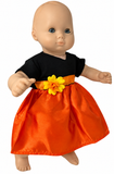 Side view Happy Halloween dress for 15-inch baby dolls featuring a black short-sleeve bodice, shiny orange satin gathered skirt, coordinating orange waistband, and bright yellow flower accent. Halloween-themed Pinterest pin with pumpkins, bats, and autumn leaves. Shop Doll Clothes Superstore!