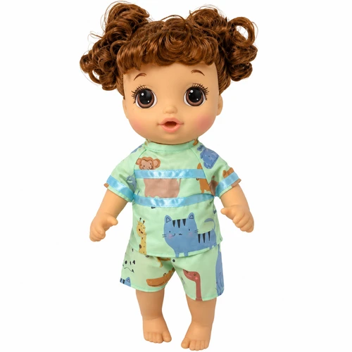 Front view Adorable brown-haired baby doll with curly pigtails wearing a mint green animal-print scrub outfit with matching shorts and light blue ribbon trim. Colorful Pinterest pin features a pastel nursery background, teddy bear, paw prints, and a close-up of the outfit. Handmade Animal Scrubs fit 14-inch Baby Alive and little baby dolls from Doll Clothes Superstore.