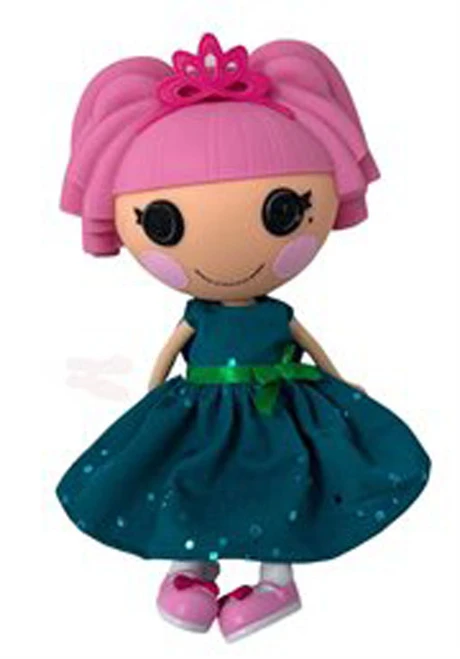 front view Lalaloopsy doll with bright pink curly hair and black button eyes wearing a handmade teal-blue sleeveless dress decorated with sparkling blue sequins and a gathered skirt. Colorful Pinterest pin features close-up dress details, the title “Blue Sequin Dress Fits Lalaloopsy Dolls,” and “Shop Doll Clothes Superstore” at the bottom.