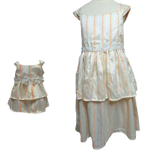 Size 7 Matching Girl And Doll Cream Stripe Ruffle Dresses