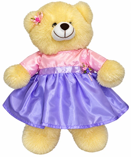 View on stuffed bear Handmade pink and lavender satin dress for stuffed animals and teddy bears, featuring short pink sleeves, a gathered purple skirt, lavender waistband, and decorative pink and purple ribbon flowers. Shown on a cream-colored teddy bear from Doll Clothes Superstore.