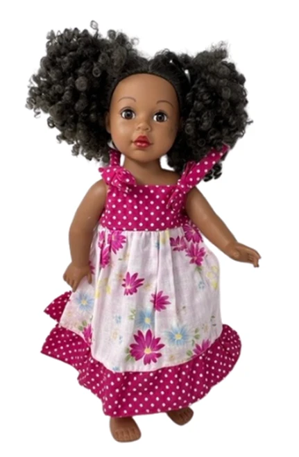 Pink Flower And Dot Trim Sundress Compatible With 18 Inch Girl Dolls