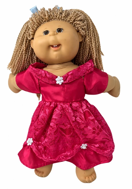 Front view Handmade hot pink princess dress for 15–16 inch Cabbage Patch Kids and baby dolls, featuring a shiny satin bodice, short sleeves, pink floral lace overlay, gathered skirt, and delicate white flower accents. Shown on a smiling Cabbage Patch Kid doll.