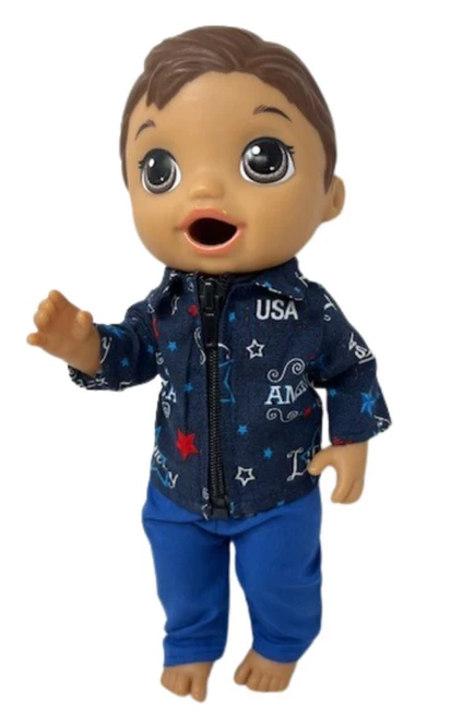 Handmade USA Print Jacket Pants Fits 12 Inch Baby Alive And Little Baby Dolls