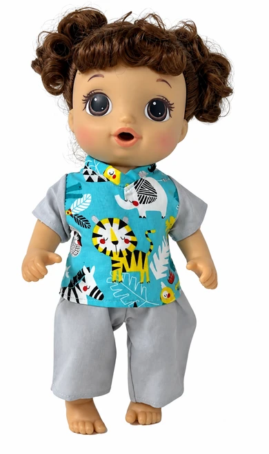 Front view Handmade safari print scrub outfit for 14-inch Baby Alive and little baby dolls, featuring a bright turquoise animal print top with gray short sleeves and matching gray pants. Shown on a baby doll with curly black hair, with a coordinating outfit inset.