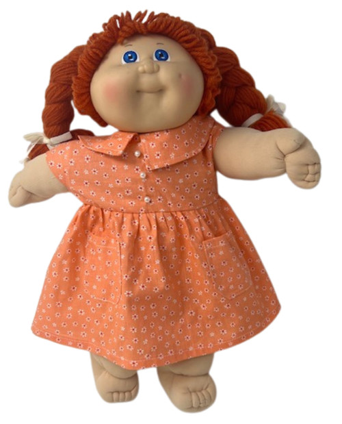 Doll Clothes Superstore Handmade Tangerine Print Dress for 15 - 16 Inch Cabbage Patch Kids  Cap Sleeves, Gathered Skirt & Pearl Button Detail
