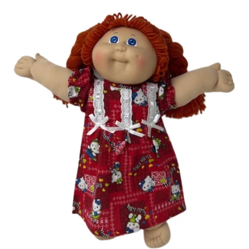 Handmade Red Kitten Print Nightgown for 15 - 16'' Baby & Cabbage Patch Dolls
