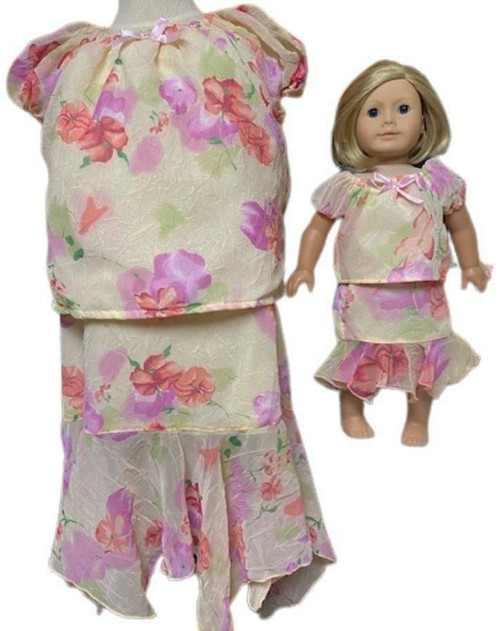 Size 12 1/2 Matching Girl And Doll Chiffon Flowers Skirt And Blouse