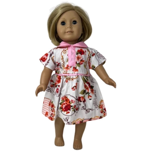 Handmade Casual Day Dress with Lots of Pink Flowers for 18-Inch Girl Dolls