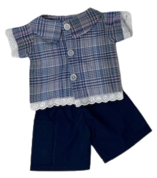 Doll Clothes Supertore Handmade Blue Plaid Lace-Trim Blouse & Cargo Shorts for 18 inch Girl Dolls