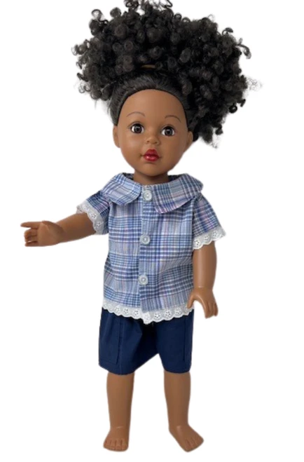 Doll Clothes Supertore Handmade Blue Plaid Lace-Trim Blouse & Cargo Shorts for 18 inch Girl Dolls