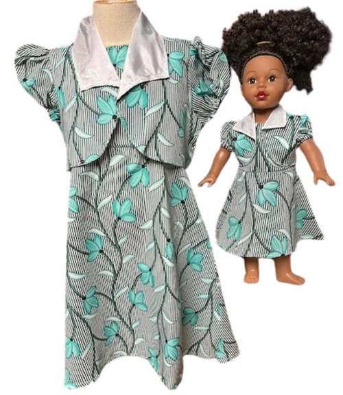 Matching Girl Size 12 and 18-Inch Doll Dress with Green Stripe Pattern