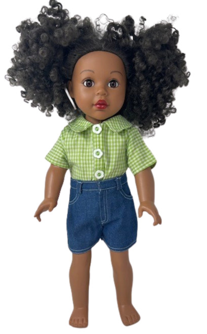 Doll Clothes Superstore Casual Short Denim Jeans with Green Check Shirt for 18 Inch Girl Dolls