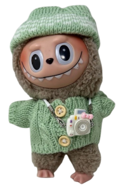 Doll Clothes Superstore Adventurers Green Sweater Set with Hat & Camera for 17.5 cm Labubu Dolls