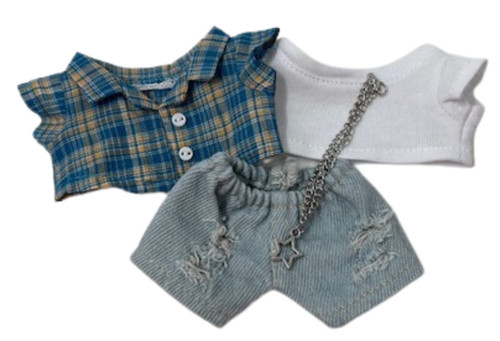 Doll Clothes Superstore Trendy Street Style: Ripped Jeans, Plaid Shirt & Necklace for 17.5cm Labubu Dolls