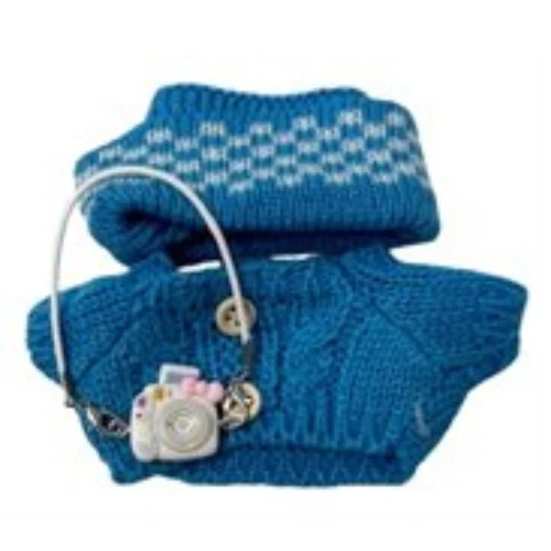 Blue Cable Knit Sweater Set with Hat and Camera for 17.5cm Collectable Dolls