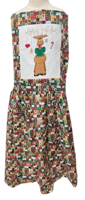 Handmade Christmas Patchwork Apron with Rudolph Cross Stitch  Perfect for Home or Restaurant