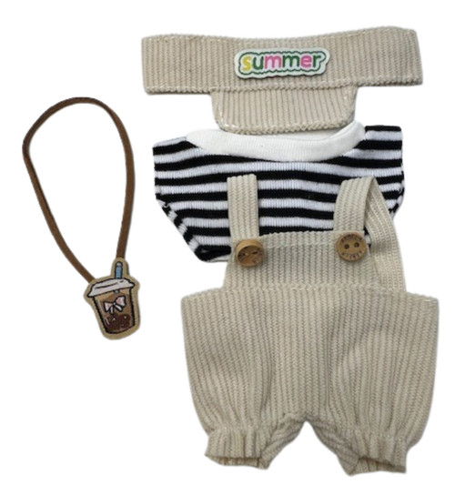 Doll Clothes Superstore Tan Overalls, Striped Shirt & Matching Hat for 17.5 cm Labubu Dolls